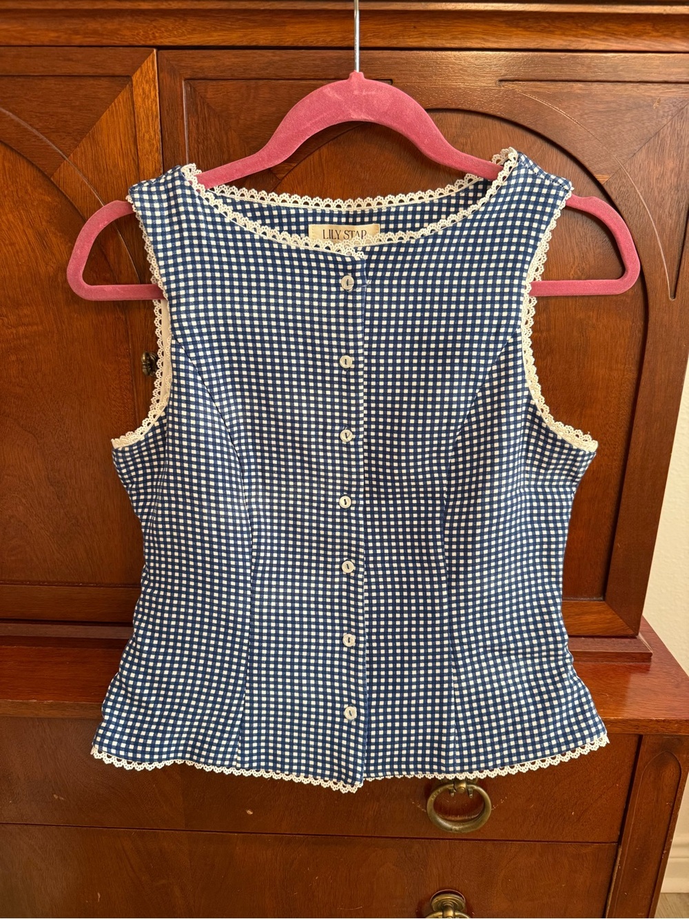 Navy Gingham Crochet-Trim Sleeveless Top
